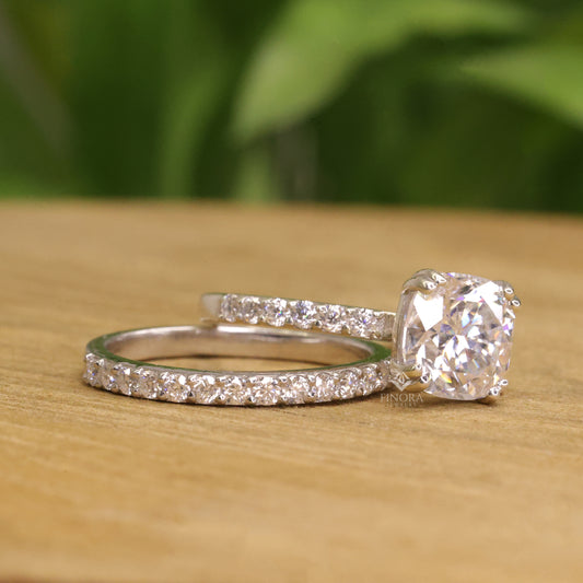 Cushion Square Cut Moissanite Engagement Ring with Pavé Band | 2.65 CT Colorless VVS | 925 Silver, 10K & 14K Gold