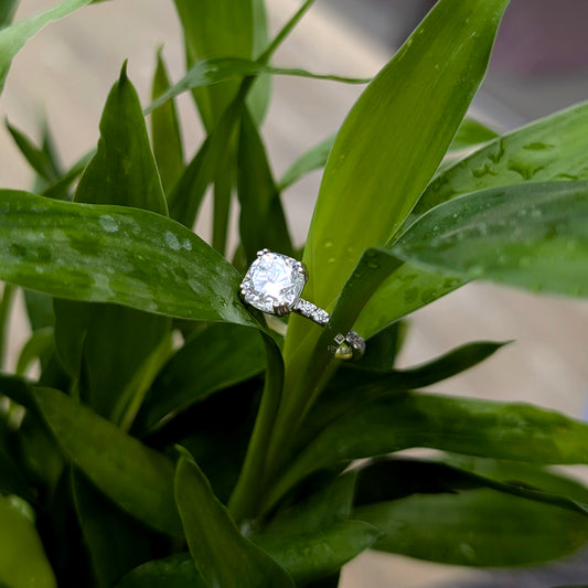 2.65 CT Cushion Cut Moissanite Engagement Ring with Pavé Band in 925 Silver / 10K & 14K Gold