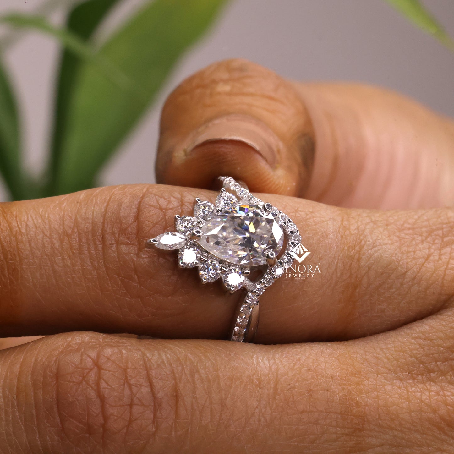 pear cut moissanite halo engagement ring 1.68 ct with marquise & round side stones in 925 silver / 10k & 14k gold