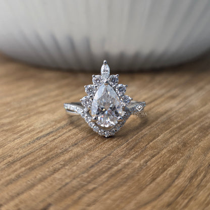 Pear Cut Moissanite Halo Engagement Ring 1.68 CT with Marquise & Round Side Stones in 925 Silver / 10K & 14K Gold