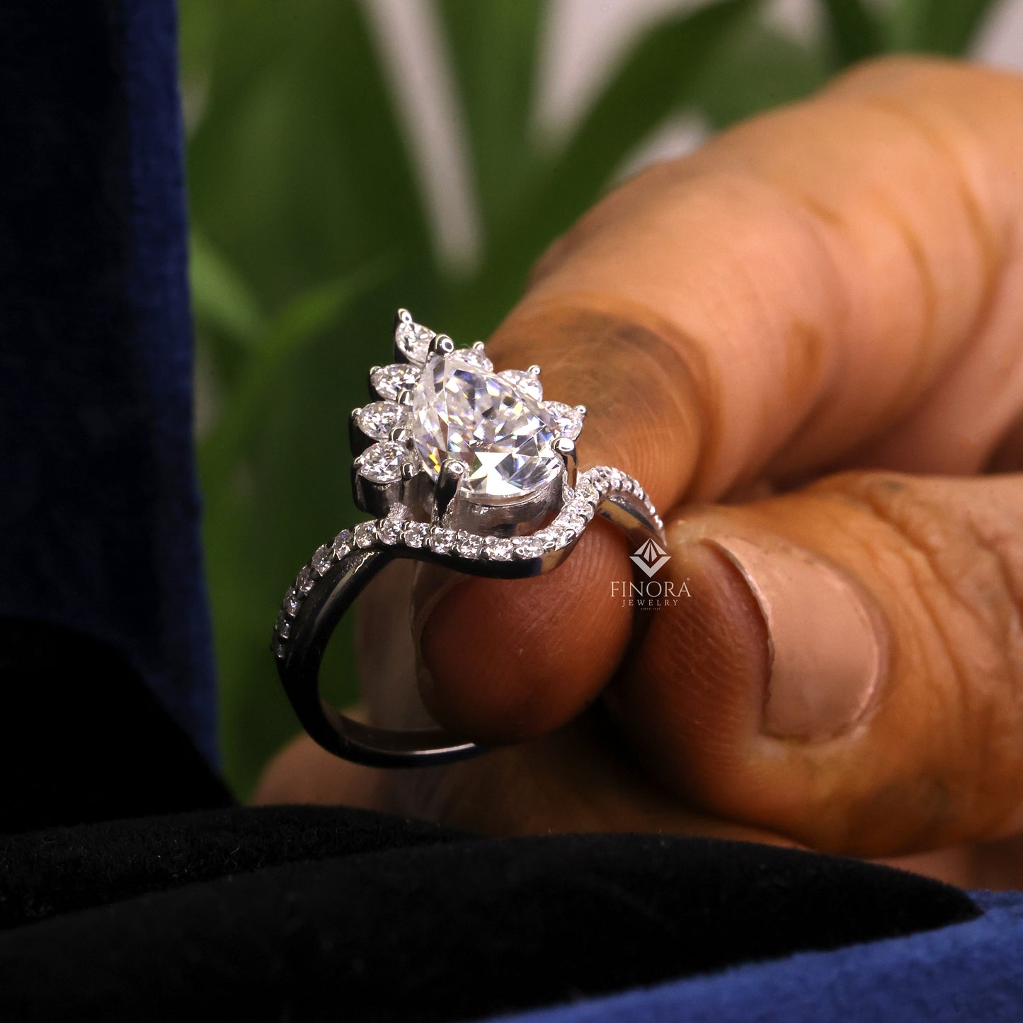 pear cut moissanite halo engagement ring 1.68 ct with marquise & round side stones in 925 silver / 10k & 14k gold