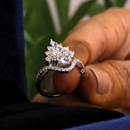 Pear Cut Moissanite Halo Engagement Ring 1.68 CT with Marquise & Round Side Stones in 925 Silver / 10K & 14K Gold