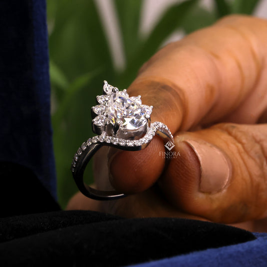 Pear Cut Moissanite Halo Engagement Ring 1.68 CT with Marquise & Round Side Stones in 925 Silver / 10K & 14K Gold