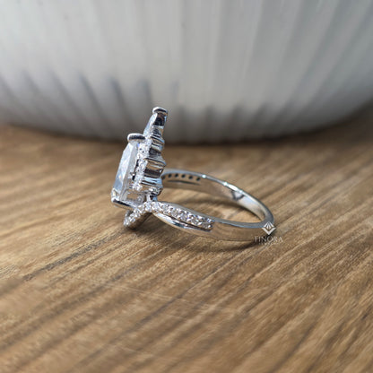 Pear Cut Moissanite Halo Engagement Ring 1.68 CT with Marquise & Round Side Stones in 925 Silver / 10K & 14K Gold