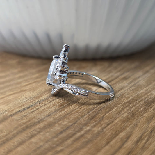 Pear Cut Moissanite Halo Engagement Ring 1.68 CT with Marquise & Round Side Stones in 925 Silver / 10K & 14K Gold