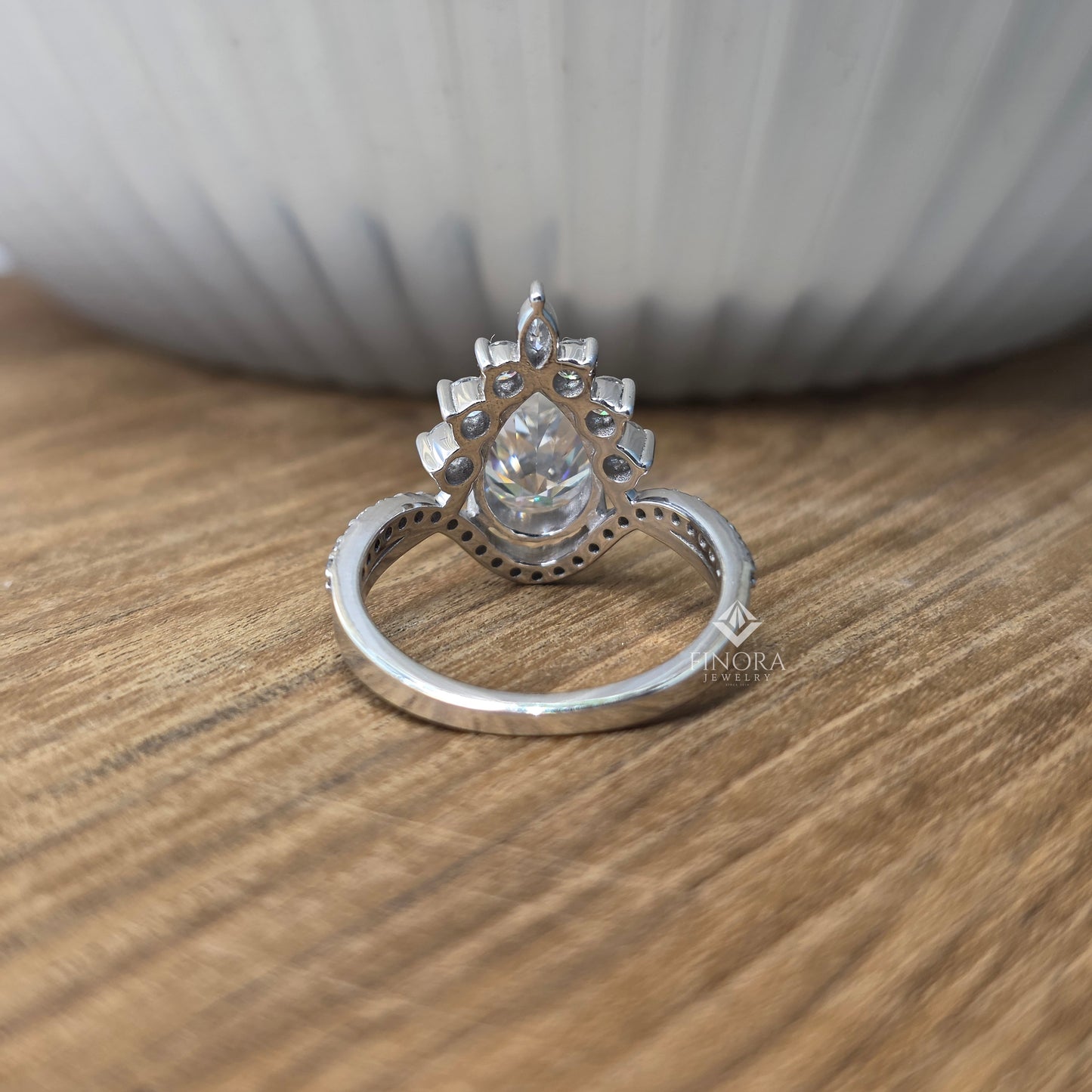 pear cut moissanite halo engagement ring 1.68 ct with marquise & round side stones in 925 silver / 10k & 14k gold