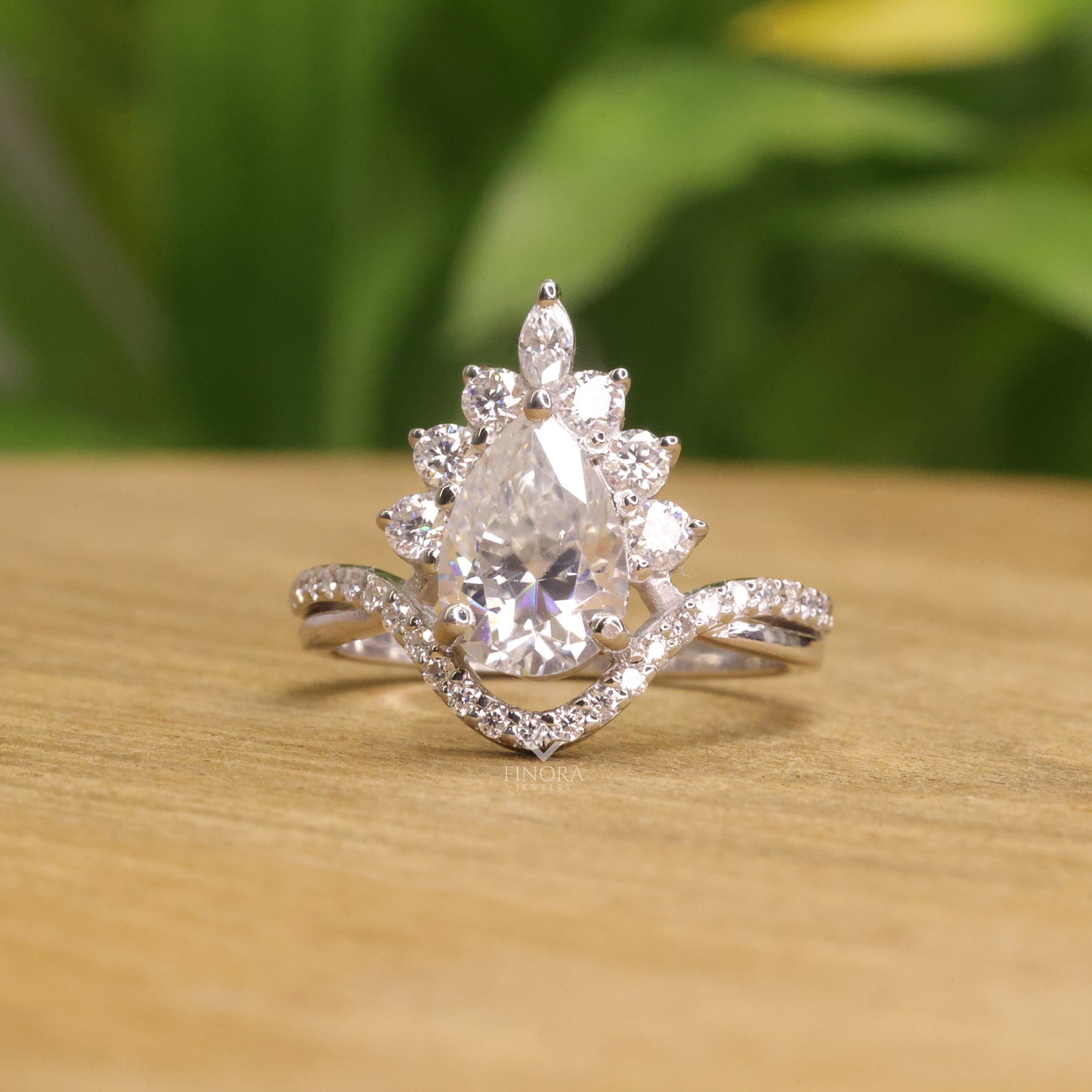 pear cut moissanite halo engagement ring 1.68 ct with marquise & round side stones in 925 silver / 10k & 14k gold