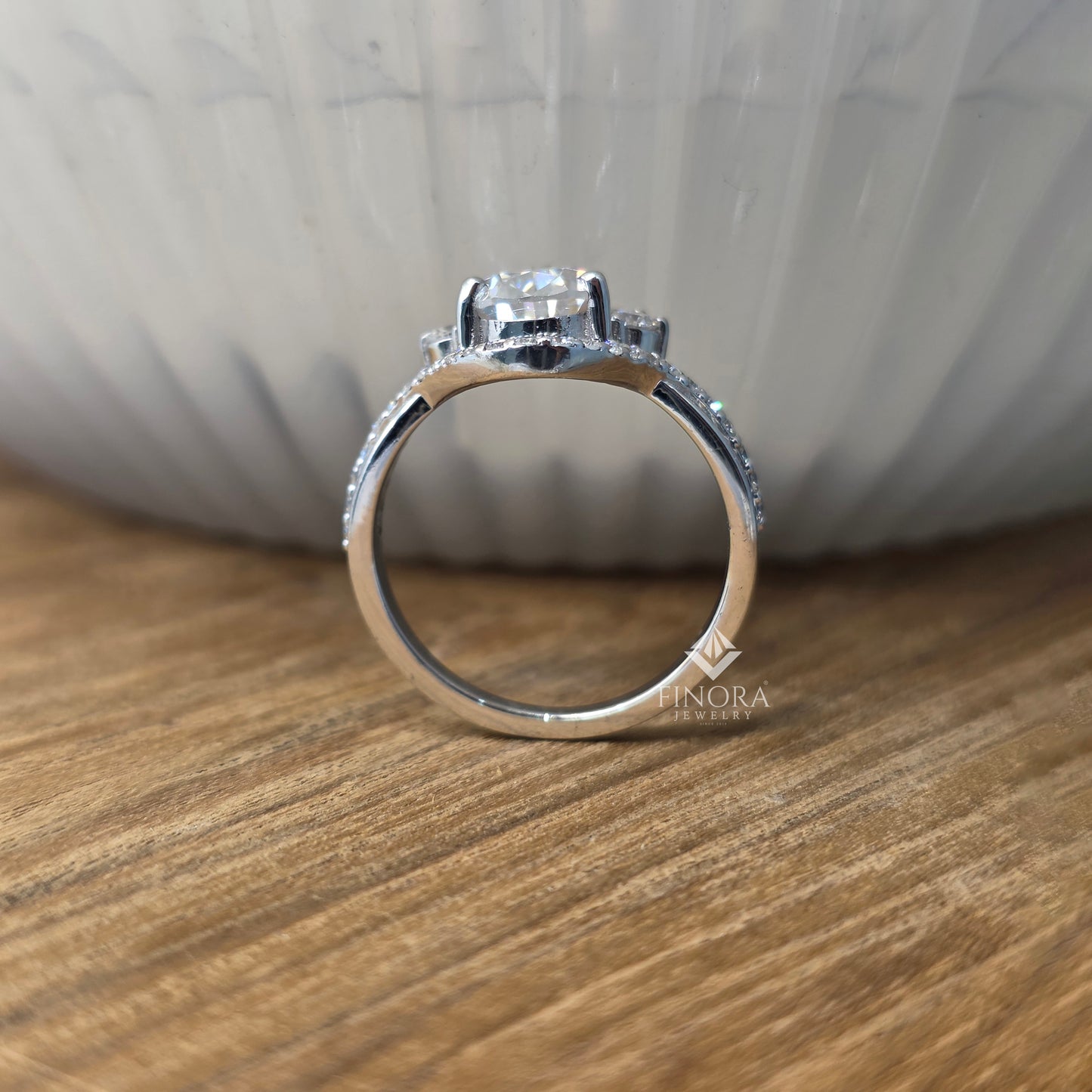 pear cut moissanite halo engagement ring 1.68 ct with marquise & round side stones in 925 silver / 10k & 14k gold