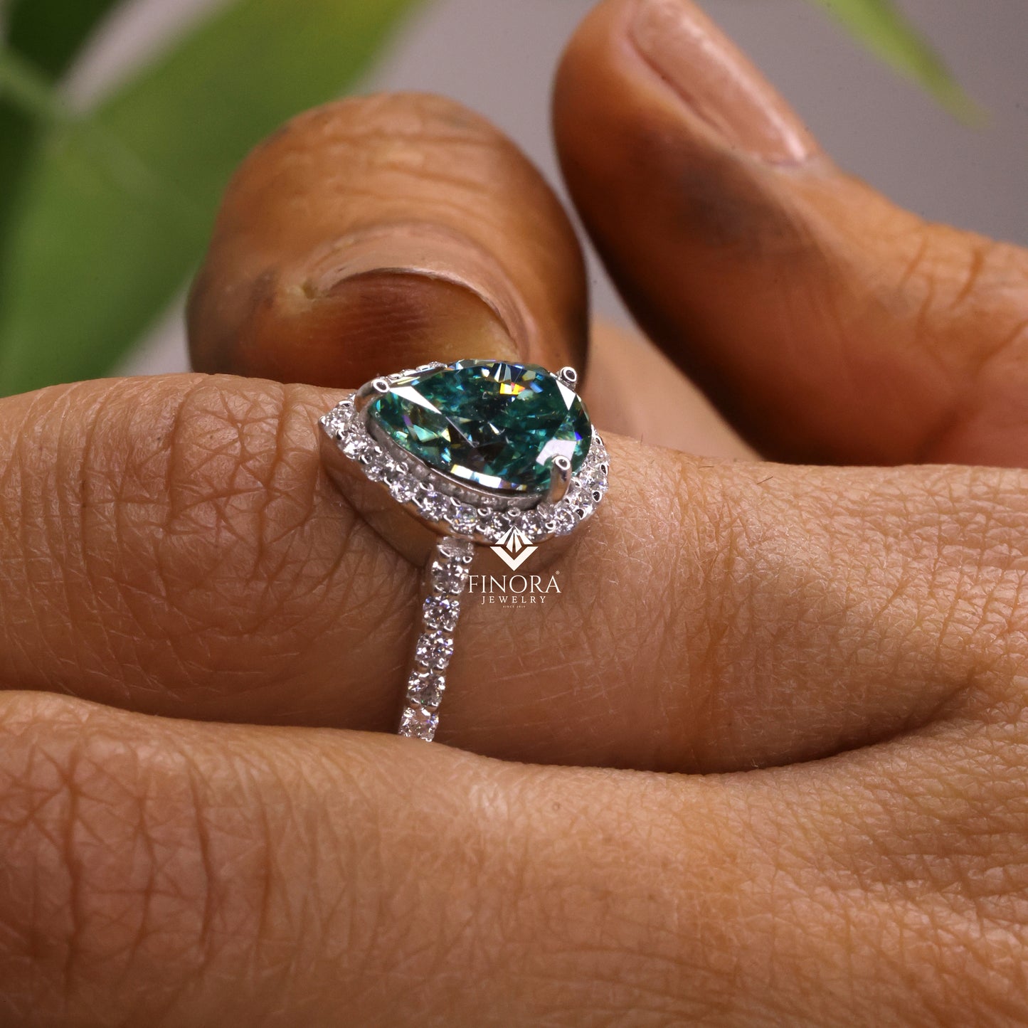 cyan blue pear cut moissanite halo engagement ring 2.30 ct in 925 silver / 10k & 14k gold