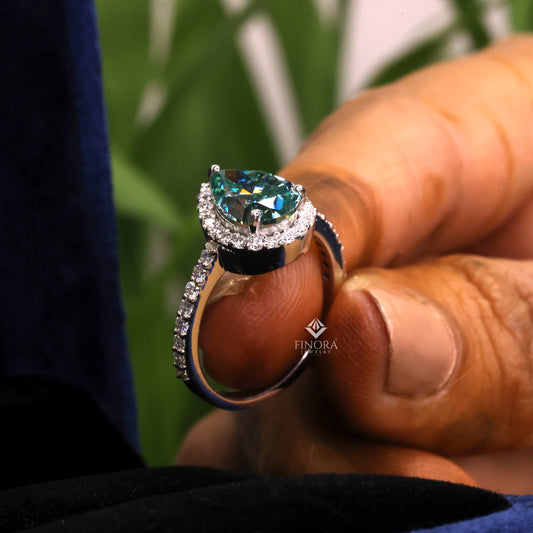 Cyan Blue Pear Cut Moissanite Halo Engagement Ring 2.30 CT in 925 Silver / 10K & 14K Gold