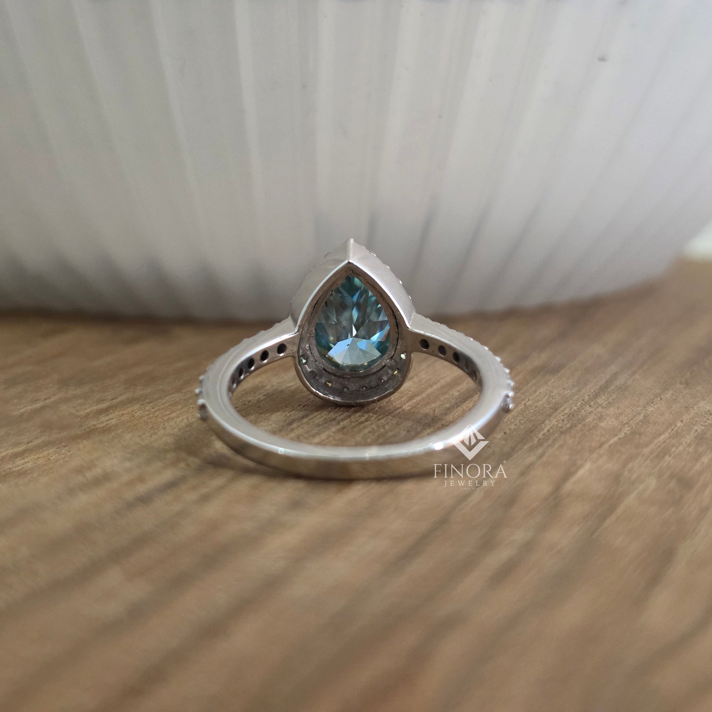 cyan blue pear cut moissanite halo engagement ring 2.30 ct in 925 silver / 10k & 14k gold