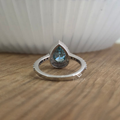 Cyan Blue Pear Cut Moissanite Halo Engagement Ring 2.30 CT in 925 Silver / 10K & 14K Gold