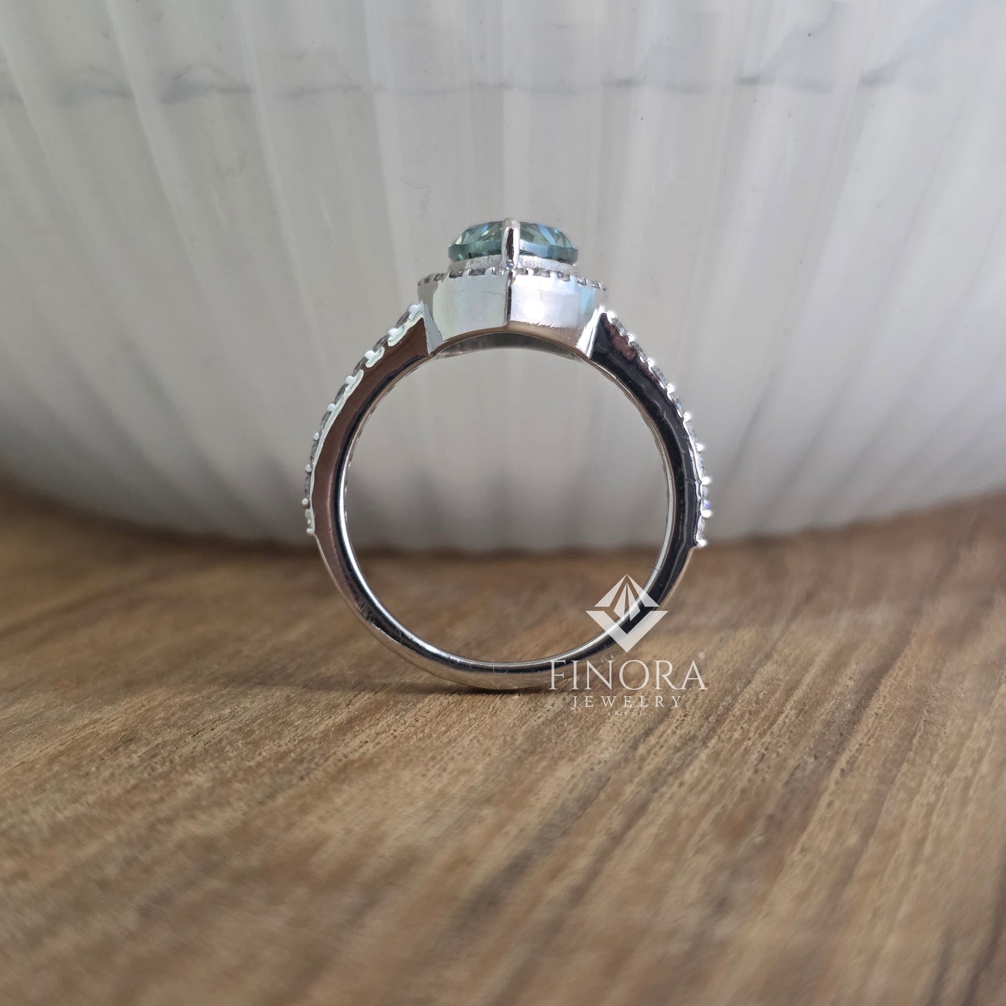 cyan blue pear cut moissanite halo engagement ring 2.30 ct in 925 silver / 10k & 14k gold