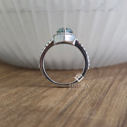 Cyan Blue Pear Cut Moissanite Halo Engagement Ring 2.30 CT in 925 Silver / 10K & 14K Gold