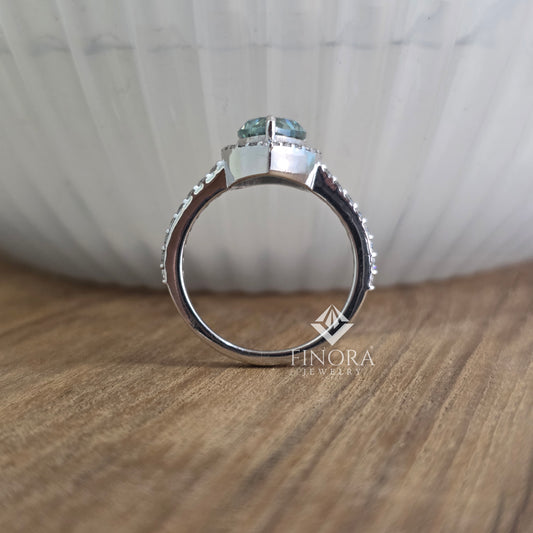 Cyan Blue Pear Cut Moissanite Halo Engagement Ring 2.30 CT in 925 Silver / 10K & 14K Gold