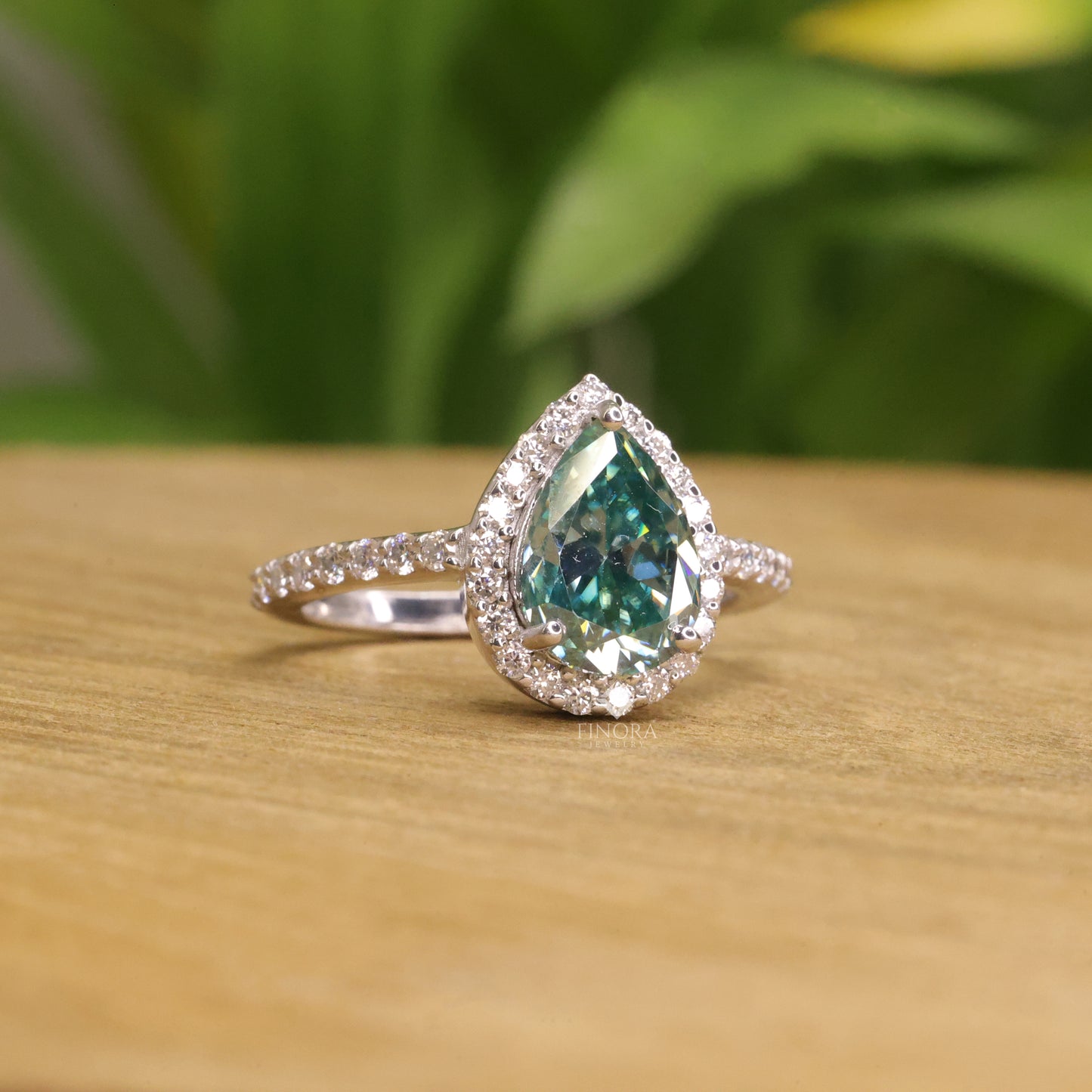 cyan blue pear cut moissanite halo engagement ring 2.30 ct in 925 silver / 10k & 14k gold