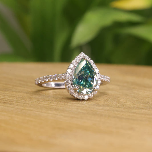 Cyan Blue Pear Cut Moissanite Halo Engagement Ring 2.30 CT in 925 Silver / 10K & 14K Gold