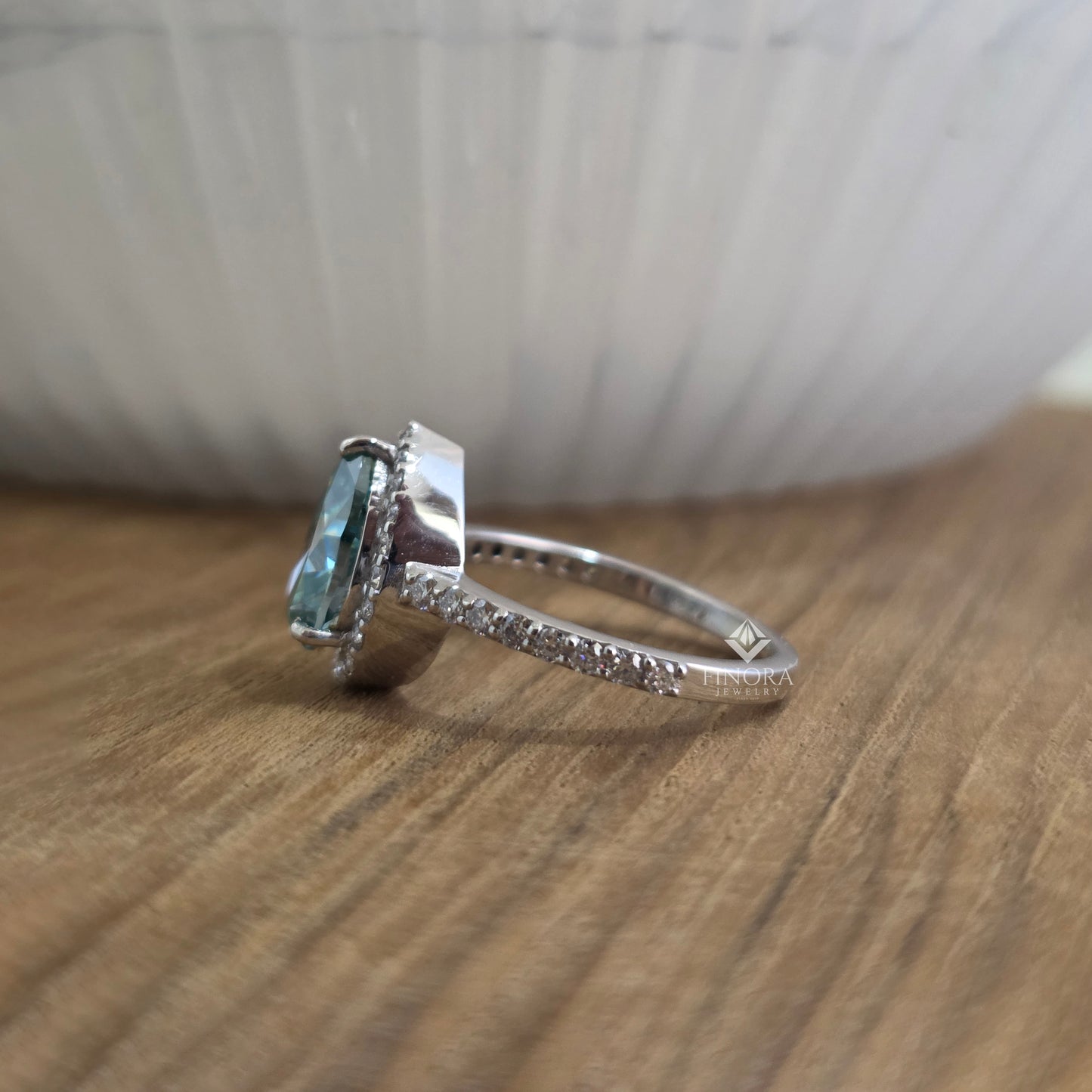 cyan blue pear cut moissanite halo engagement ring 2.30 ct in 925 silver / 10k & 14k gold