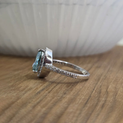 Cyan Blue Pear Cut Moissanite Halo Engagement Ring 2.30 CT in 925 Silver / 10K & 14K Gold