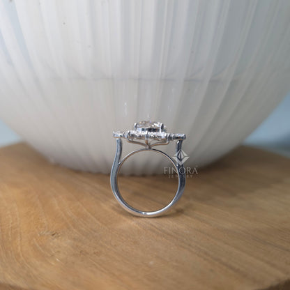 5.41 CT Round Cut Moissanite Halo Engagement Ring with Pear & Round Side Stones | Finora Jewelry