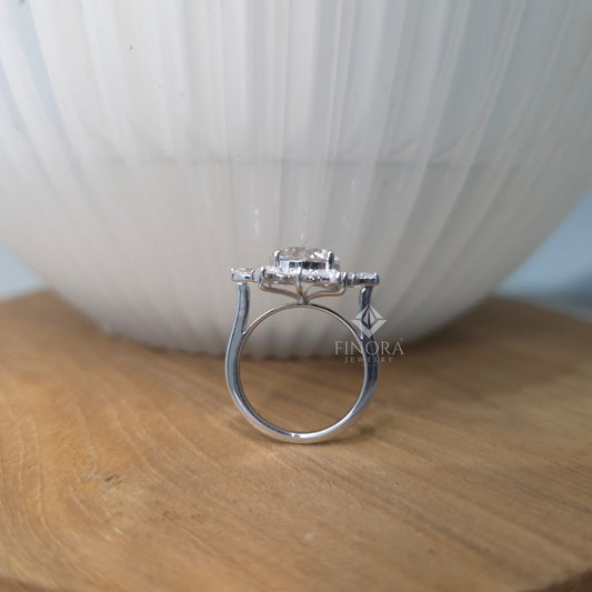 5.41 CT Round Cut Moissanite Halo Engagement Ring with Pear & Round Side Stones | Finora Jewelry