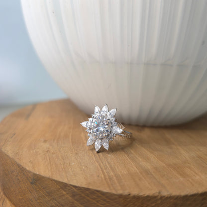 5.41 CT Round Cut Moissanite Halo Engagement Ring with Pear & Round Side Stones | Finora Jewelry