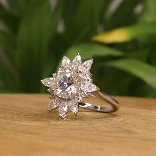 5.41 CT Round Cut Moissanite Halo Engagement Ring with Pear & Round Side Stones | Finora Jewelry
