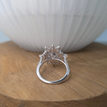 5.41 CT Round Cut Moissanite Halo Engagement Ring with Pear & Round Side Stones | Finora Jewelry