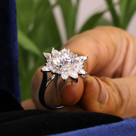5.41 CT Round Cut Moissanite Halo Engagement Ring with Pear & Round Side Stones | Finora Jewelry