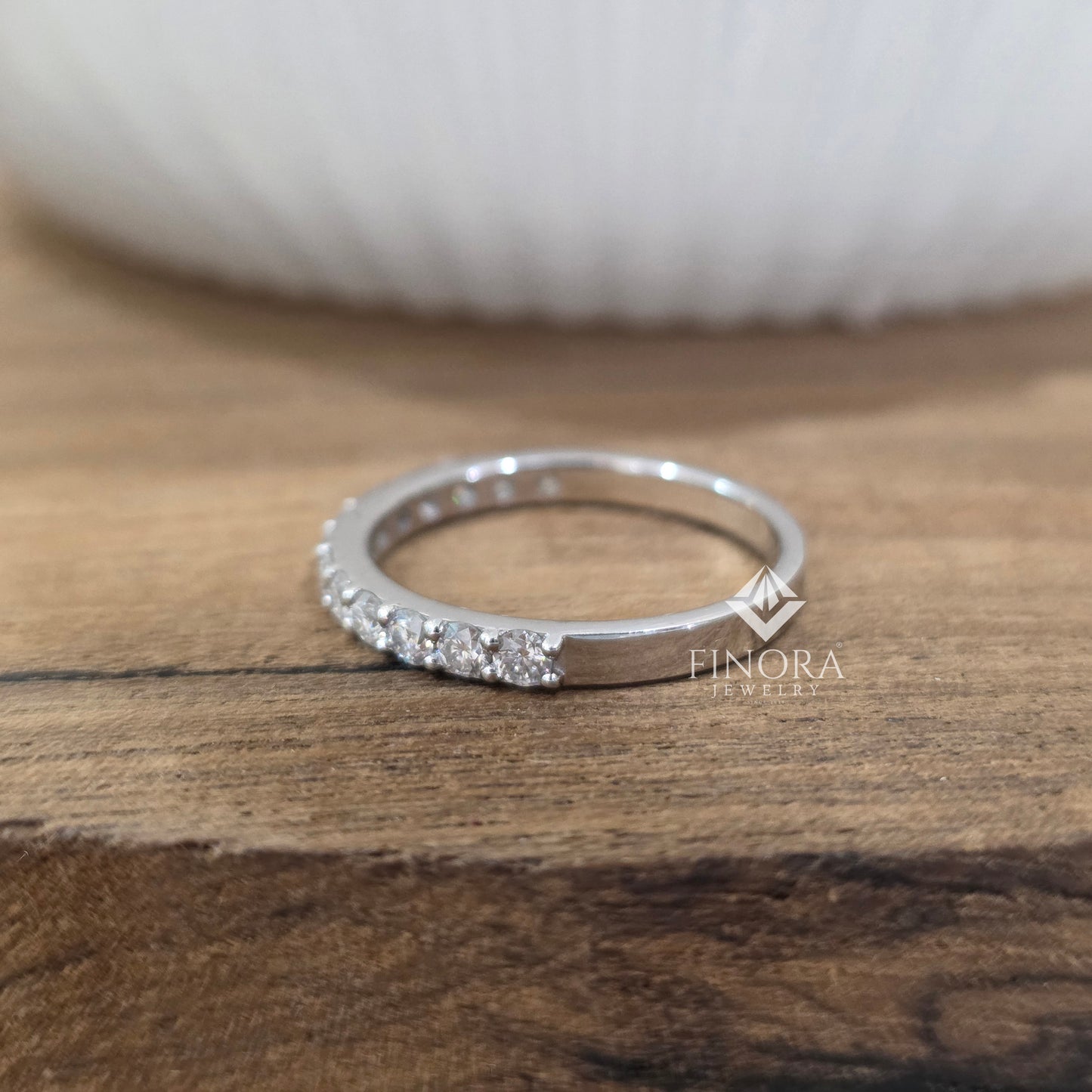 0.59 ct round cut moissanite half eternity wedding band | 925 silver & gold | finora jewelry