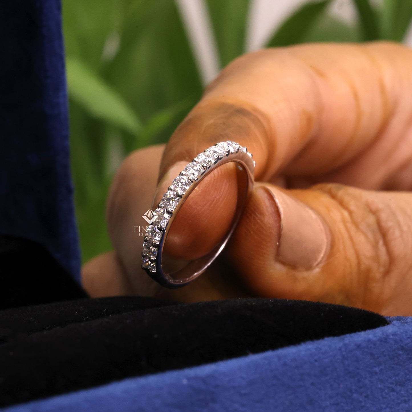 0.59 ct round cut moissanite half eternity wedding band | 925 silver & gold | finora jewelry