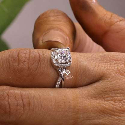 1.30 CT Round Cut Moissanite Halo Engagement Ring with Twisted Split Shank | 925 Silver & 10K/14K Gold | Finora Jewelry