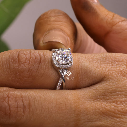 1.30 CT Round Cut Moissanite Halo Engagement Ring with Twisted Split Shank | 925 Silver & 10K/14K Gold | Finora Jewelry