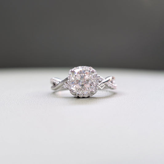 1.30 CT Round Cut Moissanite Halo Engagement Ring with Twisted Split Shank | 925 Silver & 10K/14K Gold | Finora Jewelry