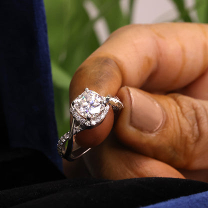 1.30 CT Round Cut Moissanite Halo Engagement Ring with Twisted Split Shank | 925 Silver & 10K/14K Gold | Finora Jewelry