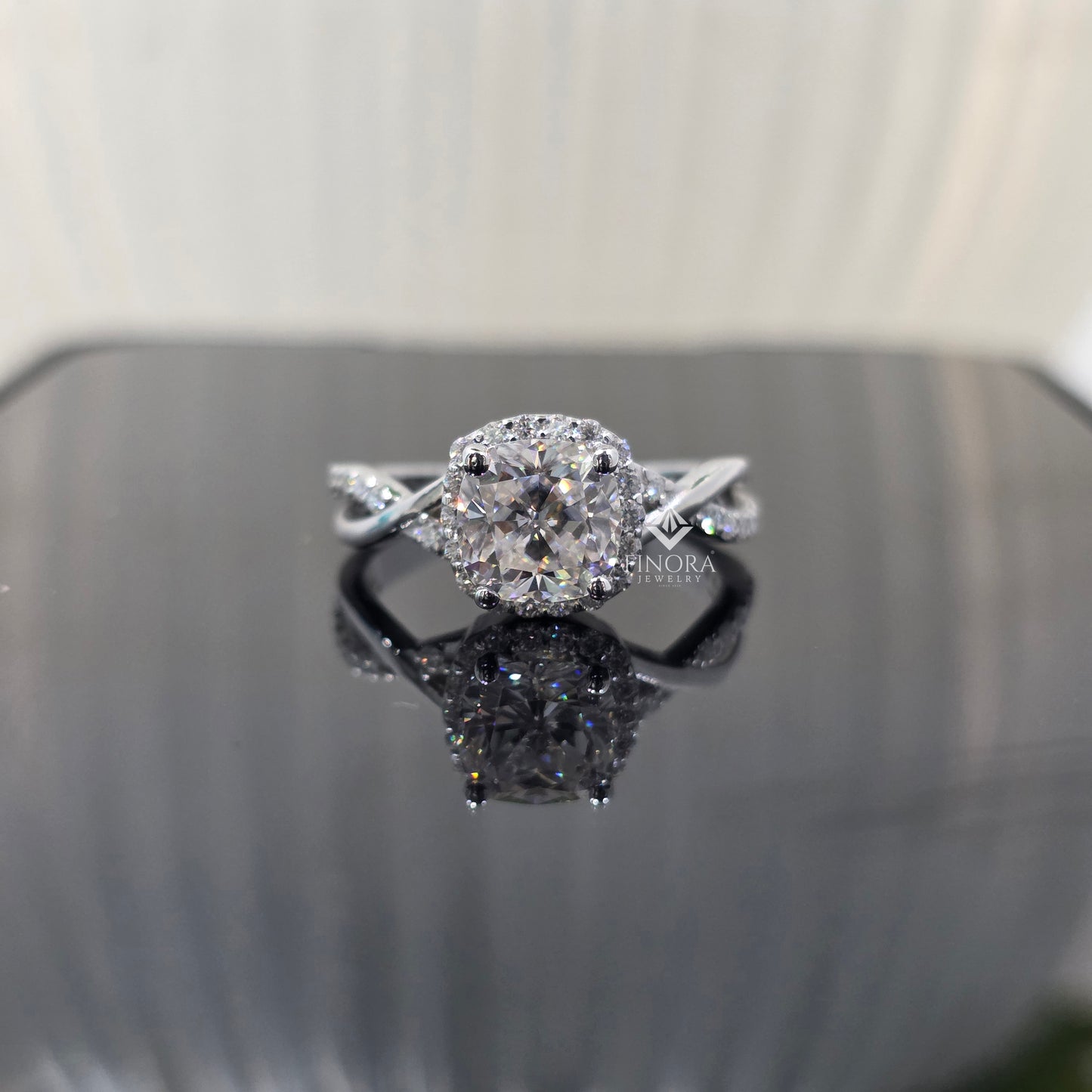 1.30 ct round cut moissanite halo engagement ring with twisted split shank | 925 silver & 10k/14k gold | finora jewelry