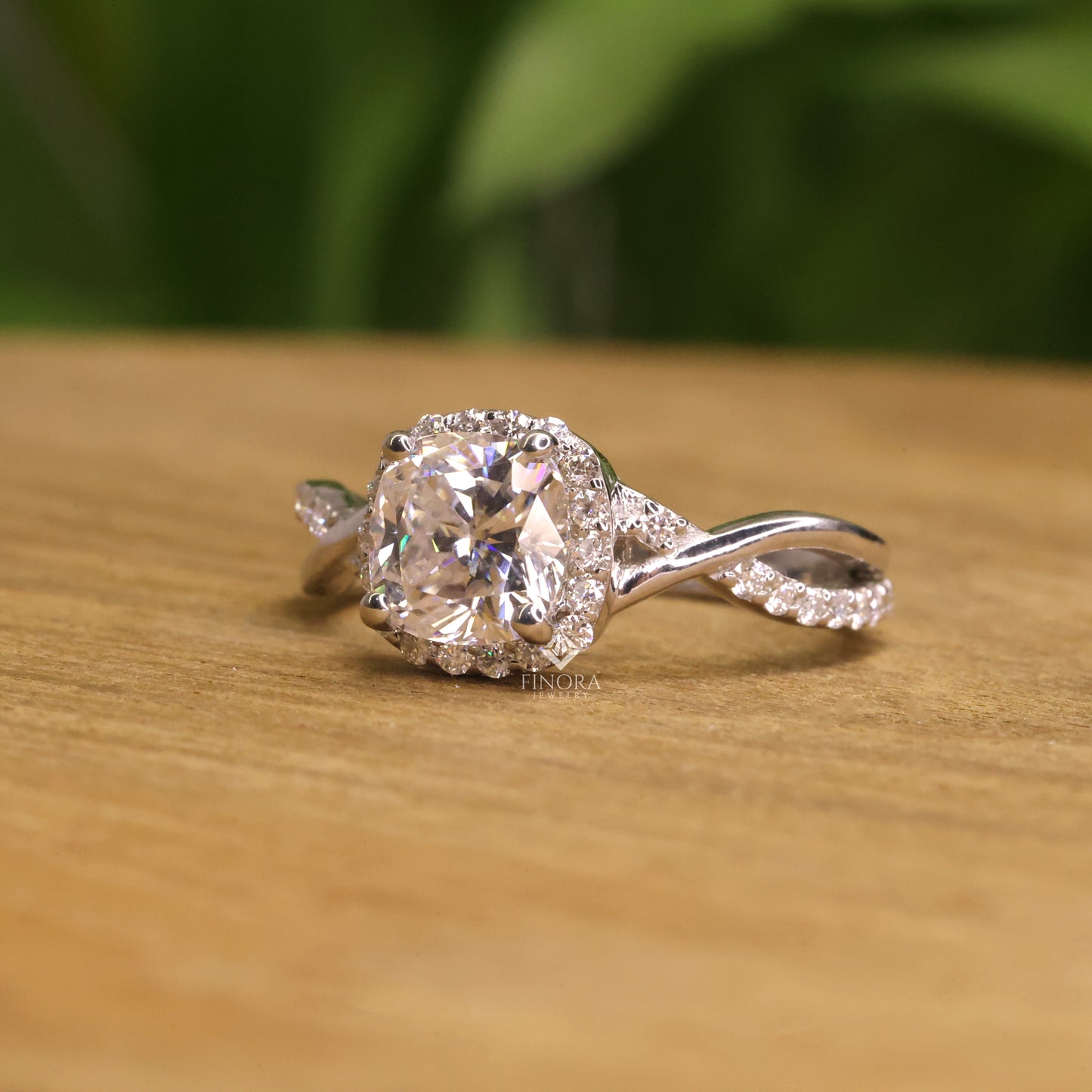 1.30 ct round cut moissanite halo engagement ring with twisted split shank | 925 silver & 10k/14k gold | finora jewelry