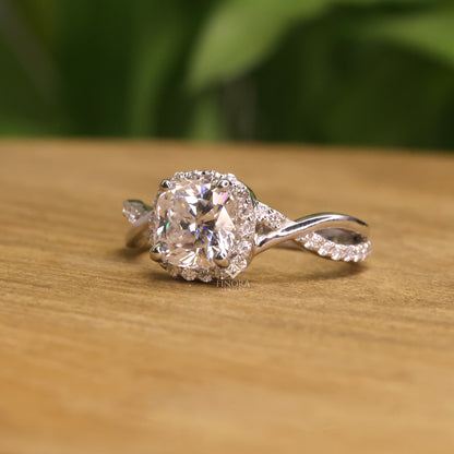 1.30 CT Round Cut Moissanite Halo Engagement Ring with Twisted Split Shank | 925 Silver & 10K/14K Gold | Finora Jewelry