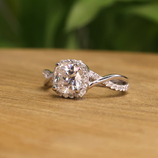 1.30 CT Round Cut Moissanite Halo Engagement Ring with Twisted Split Shank | 925 Silver & 10K/14K Gold | Finora Jewelry
