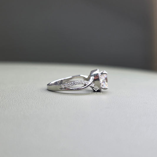 1.30 CT Round Cut Moissanite Halo Engagement Ring with Twisted Split Shank | 925 Silver & 10K/14K Gold | Finora Jewelry