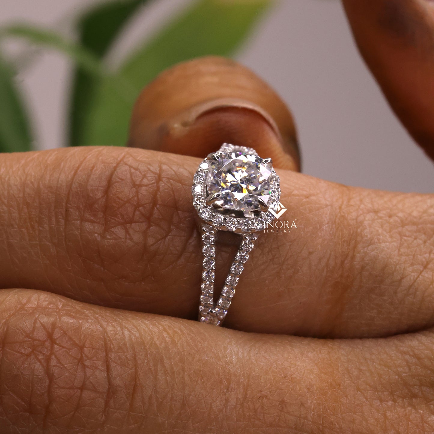 1.50 ct cushion cut moissanite halo engagement ring with split shank | 925 silver & 10k/14k gold | finora jewelry