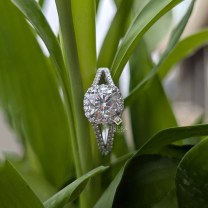 1.50 CT Cushion Cut Moissanite Halo Engagement Ring with Split Shank | 925 Silver & 10K/14K Gold | Finora Jewelry