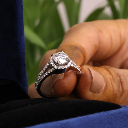 1.50 CT Cushion Cut Moissanite Halo Engagement Ring with Split Shank | 925 Silver & 10K/14K Gold | Finora Jewelry