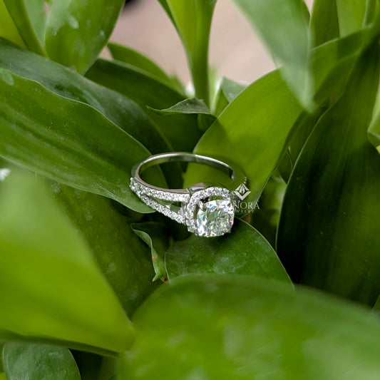 1.50 CT Cushion Cut Moissanite Halo Engagement Ring with Split Shank | 925 Silver & 10K/14K Gold | Finora Jewelry