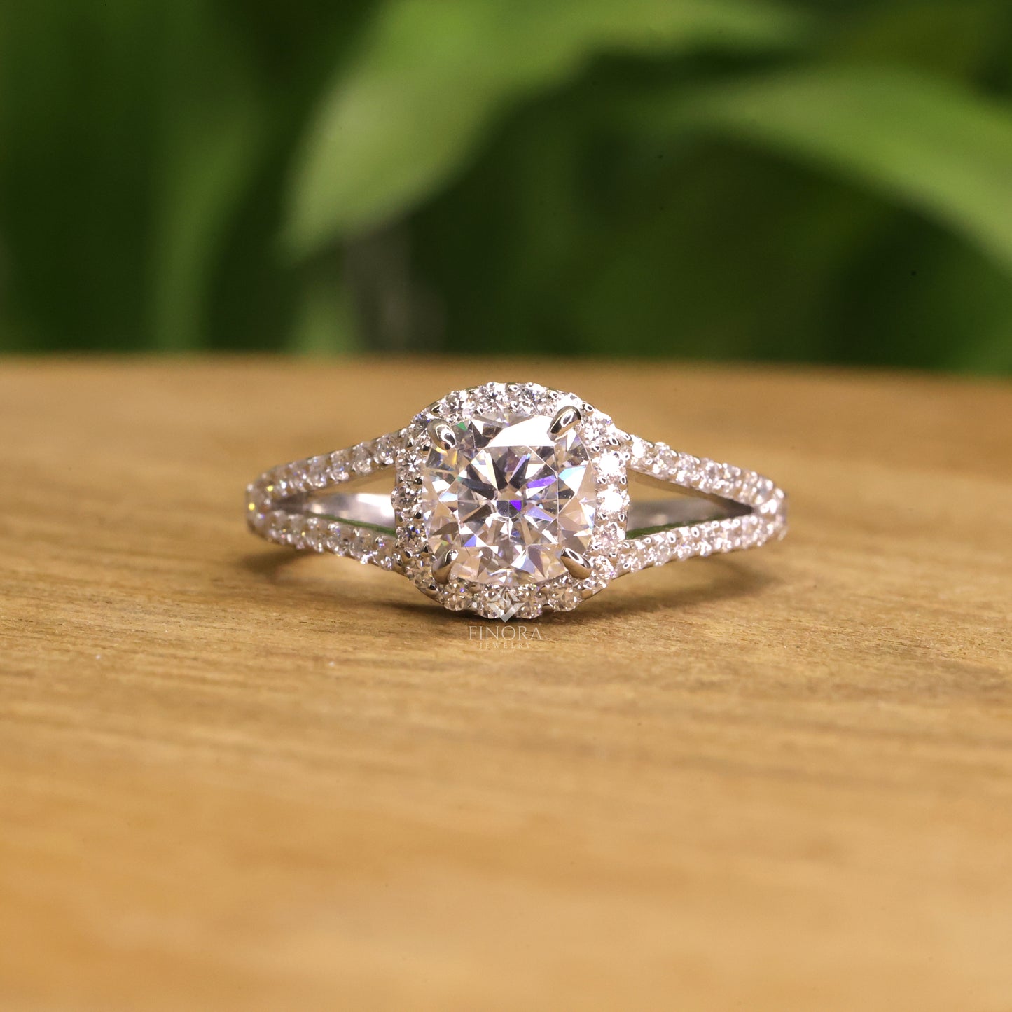 1.50 ct cushion cut moissanite halo engagement ring with split shank | 925 silver & 10k/14k gold | finora jewelry