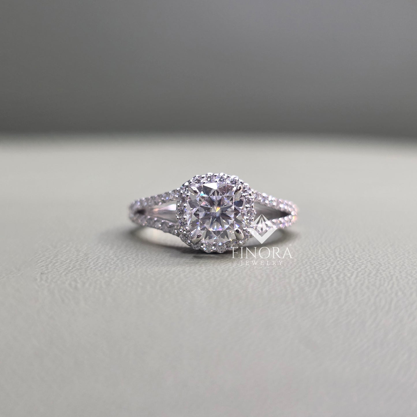 1.50 ct cushion cut moissanite halo engagement ring with split shank | 925 silver & 10k/14k gold | finora jewelry