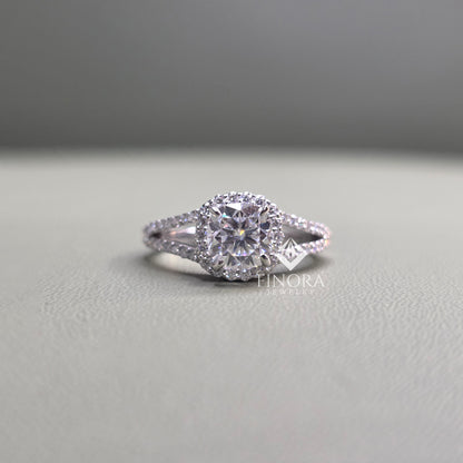 1.50 CT Cushion Cut Moissanite Halo Engagement Ring with Split Shank | 925 Silver & 10K/14K Gold | Finora Jewelry