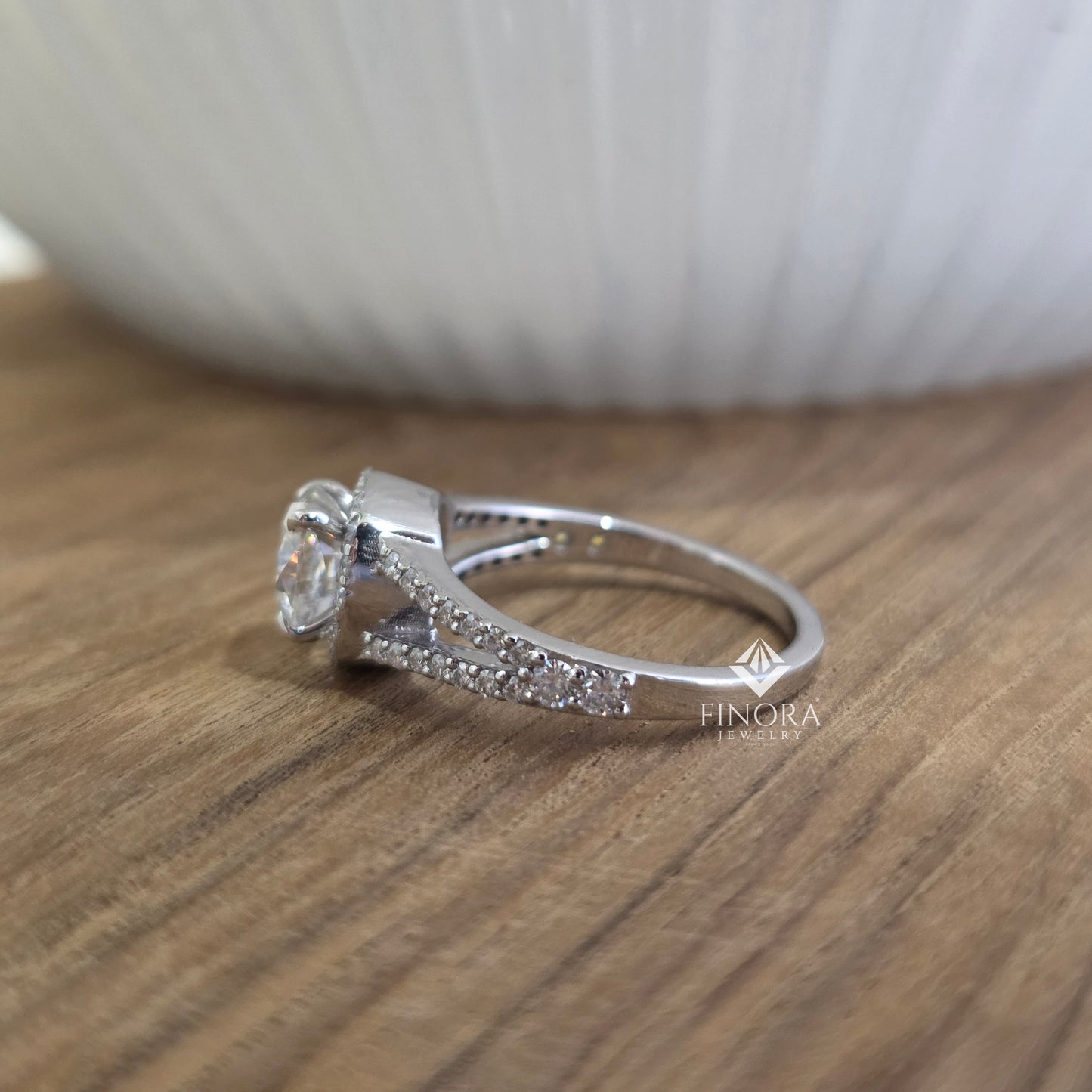 1.50 ct cushion cut moissanite halo engagement ring with split shank | 925 silver & 10k/14k gold | finora jewelry