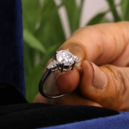 1.67 CT Oval Cut Moissanite Three Stone Engagement Ring with Pear Side Stones | 925 Silver & 10K/14K Gold | Finora Jewelry