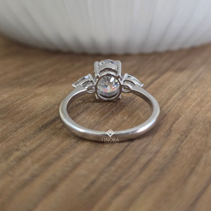 1.67 CT Oval Cut Moissanite Three Stone Engagement Ring with Pear Side Stones | 925 Silver & 10K/14K Gold | Finora Jewelry